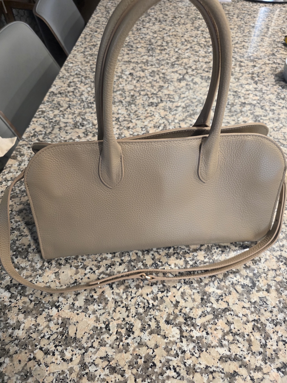 Women's Taupe Leather Satchel with Top Handles and Crossbody Strap